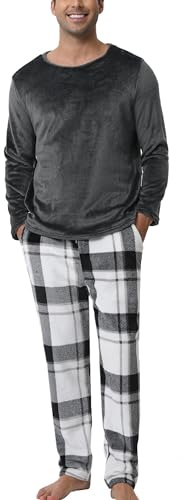 Pyjama Polaire Homme Velours Ensemble Thermique Hiver Chaud Hauts de Pyjama Manches Longues Col Rond Vêtements d'Intérieur Plaid Carreaux Vêtements de Nuit Grande Taille Douce Confortable M-3XL