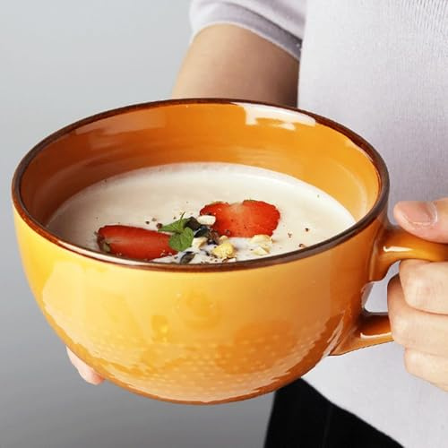 Dutingmo 700ml Kaffeetasse, Cappuccino Tassen Steingut, XXL Tasse Keramik Suppentassen mit Henkel, Keramik Becher,Groß Müslischalen mit Henkel,Salat Schale,Kaffeetasse aus Porzellan (Erdgelb)