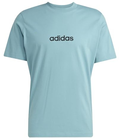 adidas Men's Essentials Linear Single Jersey TEE, Powder Teal/Black, M