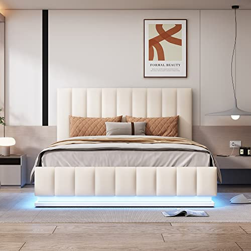 Gelukueub Polsterbett 140 x 200 cm mit LED, Metalllattenrost & Bettkasten, Doppelbett mit höheverstellbarem Polsterkopfteil & hydraulischem Stauraum, Weiß(ohne Matratze) (140 * 200cm)