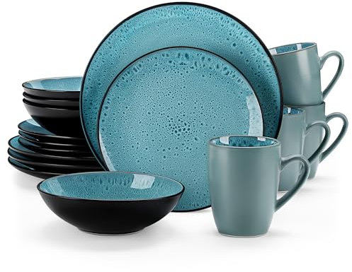 vancasso Bubble Green Dinnerware Sets, 16 Piece Reactive Glaze Plates and Bowls Set, Mediterranean Style Stoneware Dinner Set, Dishwasher & Microwave Safe Crockery Sets for 4 People