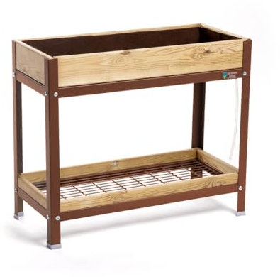 MI HUERTO URBAN Jardinera Elevada Madera con Bandeja Recoge Aguas | Estructura Metálica | Mesa Cultivar Plantas Terraza Jardín Balcón Exterior | Marrón | HUERTO Alto - 90x40x78 cm