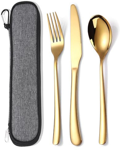 MURRI&MURRDI Stainless Steel Cutlery Set for 1, Reusable Flatware Set with Case, Cutlery Set for Work Stainless Steel Knife Fork Spoon Set 3 Piece (3 Gold)