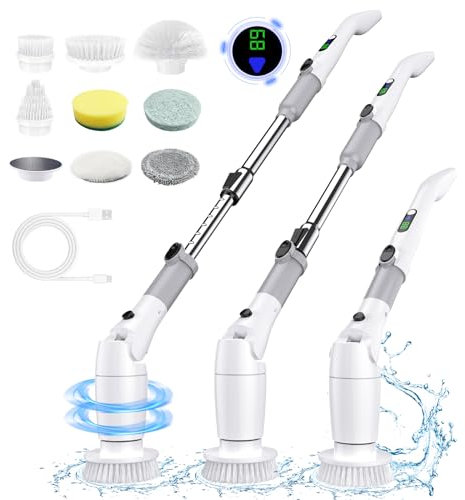 Elektrische Reinigungsbürste Haushalt Electric Spin Scrubber mit 550 RPM, 2 Einstellbare Geschwindigkeit, 8 Austauschbaren Bürstenköpfen, Led Reinigungsbürste Elektrisch Für Bad, Fliesen, Glas
