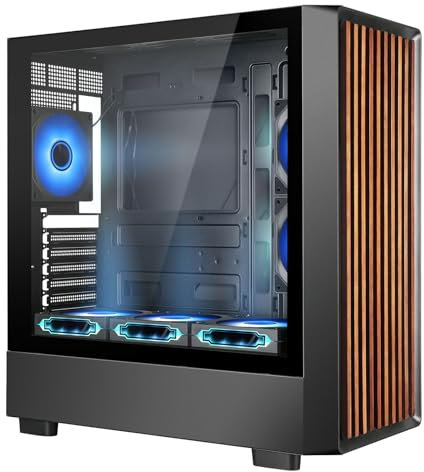 Mid Tower Gaming PC Case Dual Chamber Tempered Glass Side Panel - Walnut Wood Front - Six 120mm ARGB PWM Fans Included - Meshify High Airflow 360MM RAD Support for ATX/mATX/ITX Motherboards Black
