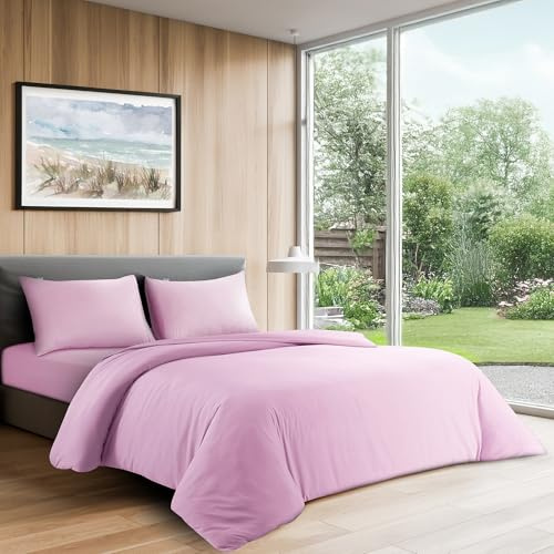 LYMA Complete Bedding Set King Plain Duvet Cover, Fitted Sheet & 2 Pillow Cases 50x75CM, OEKO-TEX Certified, Ultra Soft NanoPlush Double Brushed, Button Closure, Wrinkle Fade Resistant (Light Pink)