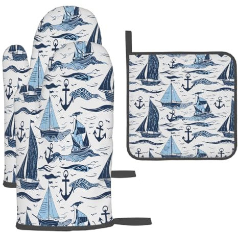 Sailboat Nautical Anchor Print Oven Mitts and Pot Holders BBQ Gloves Heat Resistant Kitchen Gloves Hot Pads for Cooking Grilling Baking