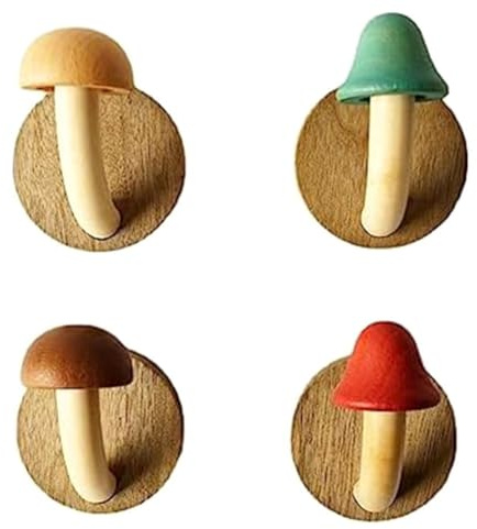 Wadakada 4Piece Fun Wooden Mushroom Coat Hook Non-Perforated Solid Wood Hook Kitchen Bathroom Cloakroom Door Hook Wooden