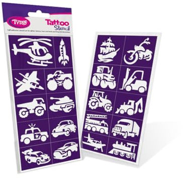 TyToo Glitzer Tattoo Schablonen Set – wiederverwendbare Vorlagen für Kinder & Erwachsene – EU-Design, hautfreundlich, perfekt für Partys, Kinderschminken & Bodypainting (Fahrzeuge)
