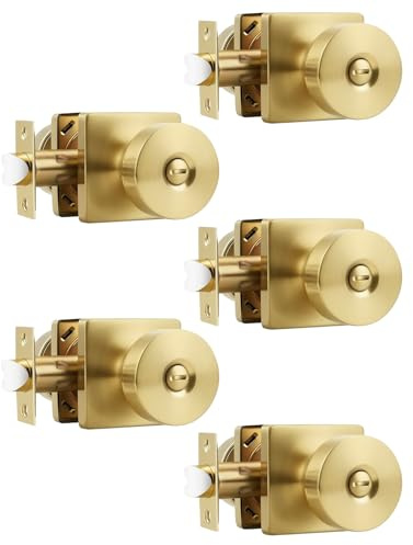 Tinewa 5 Pack Gold Interior Privacy Door Knob with Lock, Brushed Brass Bedroom Door Locks, Keyless Privacy Door Handle Locks, Zinc Alloy Heavy Duty Door Knobs on Square Rose