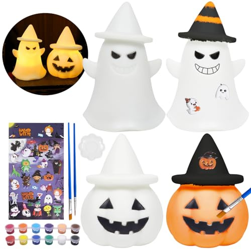 JOKILY Halloween Malset Bastelset, Halloween Gespenst Kürbis zum Selbermalen, DIY Malen LED Nachtlichter, 3D Totenkopf Geist kürbis Leuchts Halloweens Tischdeko Dekoration Innen Partygeschenke (A)