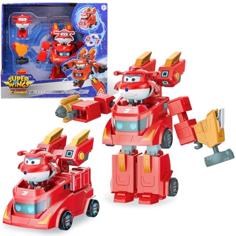 Super Wings Verwandlungsfähiges Spielzeug Roboter Jett, 17 cm groß, 2-in-1 Verwandlungsroboter und Fahrzeugspielzeug, mit 5 cm groß verwandlungsfähiger Figur für Kinder ab 3 Jahren Jungen Mädchen, rot
