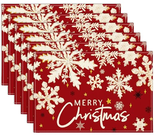 Sungeek Weihnachten Tischsets Abwaschbar 6er Set, Polyester Leinen Platzsets 30x45cm, Weihnachten Tischuntersetzer Platzdeckchen für Küche Speisetisch Hotel Weihnachtstischdeko (Schneeflocken)