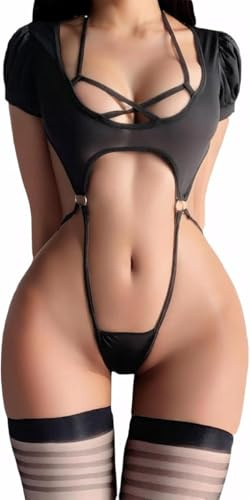 Fjquamitix Sexy Lingerie for Women Sets Bodysuit with Stockings Halter Neck Naughty Nightwear for Role Play Cosplay & Bedroom Valentine's (Black)
