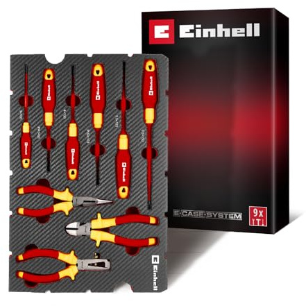 Einhell E-Case Werkzeugeinlage 9-tlg. VDE-Elektriker-Werkzeug-Set | Geprüften Isolierung nach IEC 60900 | Schraubendreher-Set | Seitenschneider | Abisolierzange | Telefonzange | E-Case-System