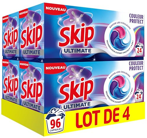 Skip Capsules Lessive Ultimate 4en1 Couleur Protect, 4x24 Lavages | Cette lessive capsules ravive l'éclat des couleurs, élimine les bouloches, protège les fibres, efficace en cycle court