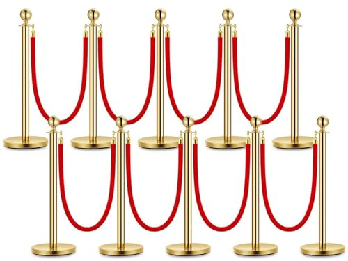Garvee Barrière de guidage dorée pour jardin - 10 poteaux en acier inoxydable, 8 cordes velours bordeauxs, base lourde, hauteur 95 cm, cordon 1,5 m - Sécurité élégante pour événements, hôtels, musées