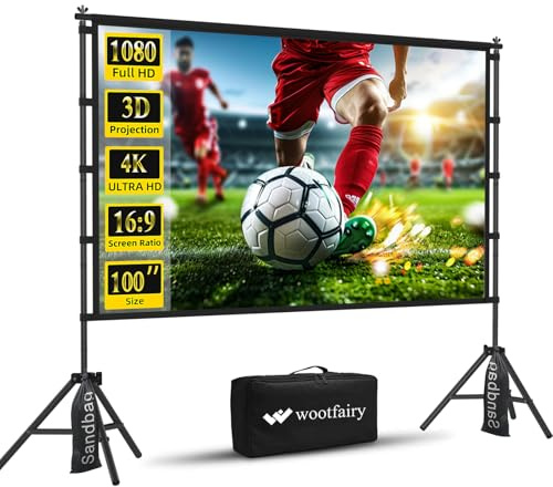 Wootfairy 100Inch Projector Screen with Stand, Portable and Foldable Screen | 100 Inch Indoor Outdoor 16:9 4K HD Back Front Wrinkle-Free Film Screen with Carry Bag for Home Theater Backyard Cinema