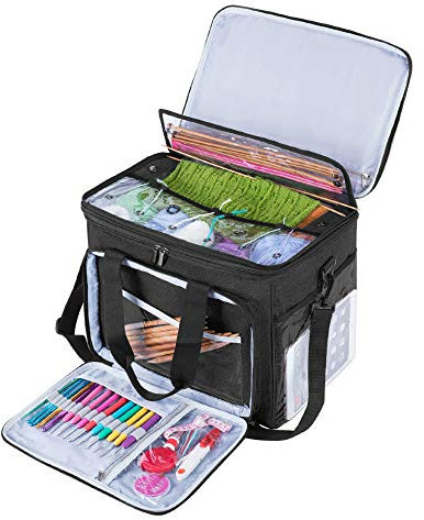 Teamoy Tragetasche für die Aufbewahrung von Wolle, Strick-/Häkeltasche mit mehreren Taschen, Tragegriff und Schulterriemen (kein Zubehör im Lieferumfang enthalten) (groß mit Deckel, schwarz), Schwarz,