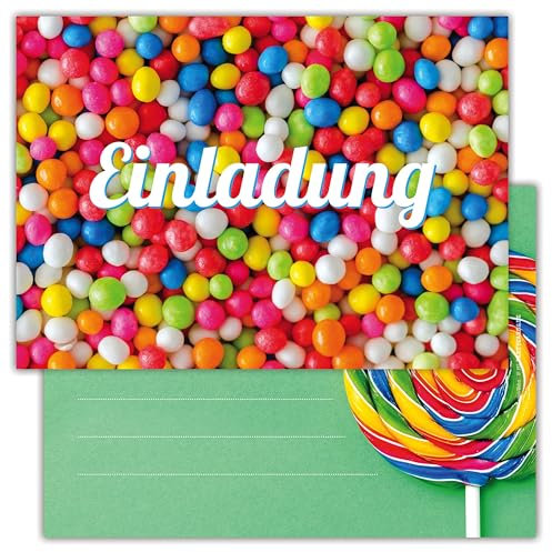 Partycards Einladungskarten Kindergeburtstag Mädchen Junge - 12 Karten - Süßigkeiten Design - A6 - Leicht zu Beschriften - Geburtstagseinladungen für Mädchen und Jungen - Perfekt für Feiern