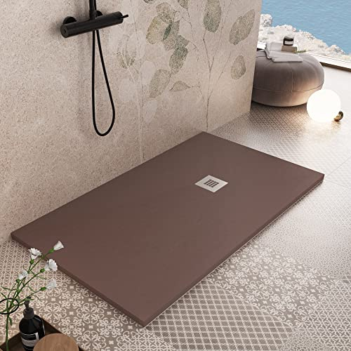 Receveur de douche en résine de marbre effet pierre ciment Marron PLUS - 90 x 200