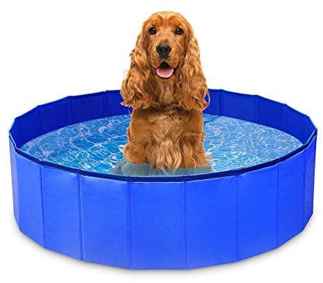 Foldable Dog Pool, Paddling Pool for Dogs Cats Pet Kids Outdoor Indoor Swimming Pool PVC Non-Slip Hard Bathing Bath Tub for Garden Patio Bathroom Medium Blue, M - 100*30CM Ocean Wave