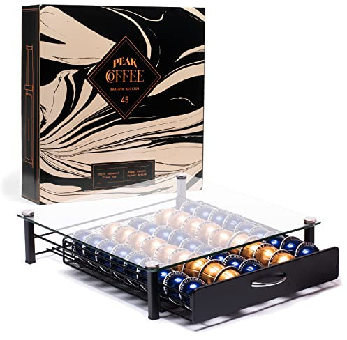 Peak Coffee Capsule Storage Drawer Tray for 45 Nespresso Vertuo Vertuoline - Coffee Pod Holder Box, Organiser & Machine Stand with Tempered Glass Top - Smooth Drawer Action
