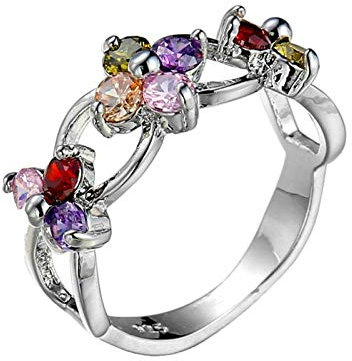 Beydodo Ring Damen Versilbert mit Stein, Verlobungsring Blume mit Bunten Zirkonia Partnerring Silber Eheringe Nickelfrei Größe 65 (20.7)