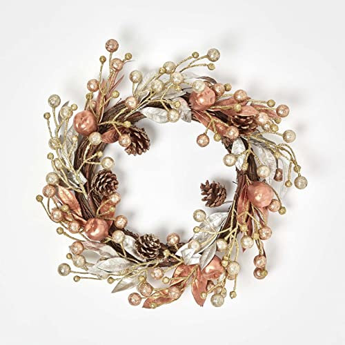 HOMESCAPES Champagne & Gold Christmas Wreath 45 cm Round Door Wreath with Pinecones, Berries and Apples