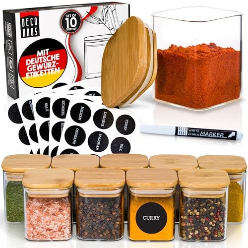 Deco haus® Lot de 10 pots à épices carrés avec étiquettes à épices - Lot de 10 pots à épices avec couvercle en bois pour vos épices - Boîtes à épices