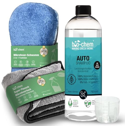 bio-chem AutoShampoo biologisch abbaubar – 750 ml inkl. 2-in-1 Schwamm & Flausch-Tuch – pH-neutrales Konzentrat – Kraftvoll gegen Schmutz, schonend zum Lack – greift Wachs-Versiegelung nicht an