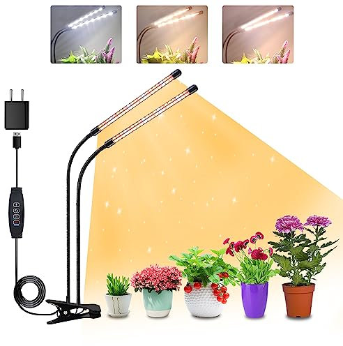 2 teste di luce per piante, Lampada per Piante LEDs, Lampada Piante Coltivazione, Luce di crescita a spettro completo, Lampada di Crescita con Timer Auto on/off 3H/9H/12H per Frutta Verdure Fiore