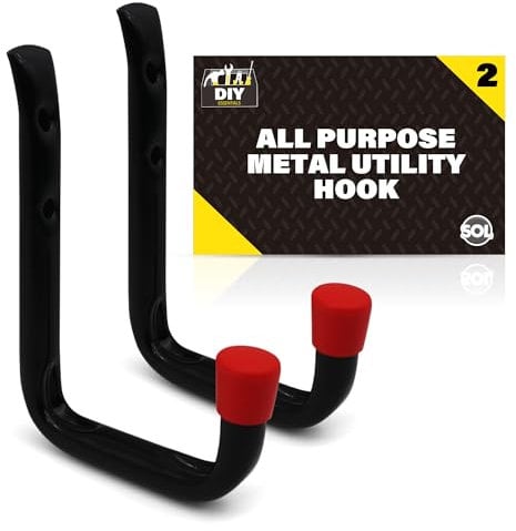 SOL 2pk All Purpose Metal Utility Hook – Heavy-Duty Wall-Mounted Hooks for Secure Storage – Ideal for Hanging Garden Tools, Bicycles, Ladders & DIY Equipment in Sheds, Garages & Workshops