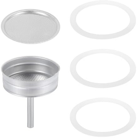 QUARKZMAN Recambio de Piezas de Cafetera Espresso de Cocina de Aluminio con 1 Filtro y 3 Sellos de Goma de Silicona 1 Embudo de 81x71x4mm para Cafetera de Mocha de 12 Tazas Plata