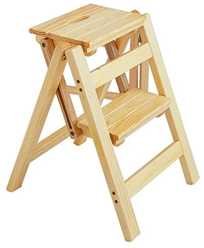 Robuste Holzleiter mit 2 Stufen, zusammenklappbar, mit rutschfestem breitem Pedal, rutschfeste große Stufen, Küchenleiter, hält bis zu 150 kg