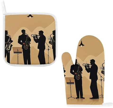 Ofenhandschuhe für Damen, Topflappen, Grill, hitzebeständige Handschuhe, Silhouette eines Jazz-Quartetts, rutschfeste Kochhandschuhe für Küche, Backen, Kochen, Grillen (2 Stück)