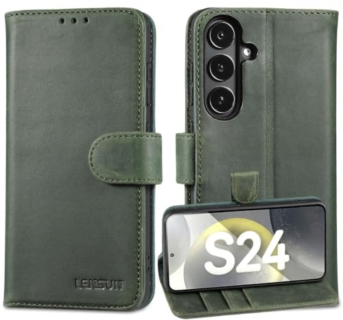 LENSUN für Samsung Galaxy S24 5G Echtleder Handyhülle, Retro Grün | Standfunktion, RFID Blocker Lederhülle, Echtes Leder, Bookstyle Wallet, Vintage Hülle, Rundumschutz Klapphülle