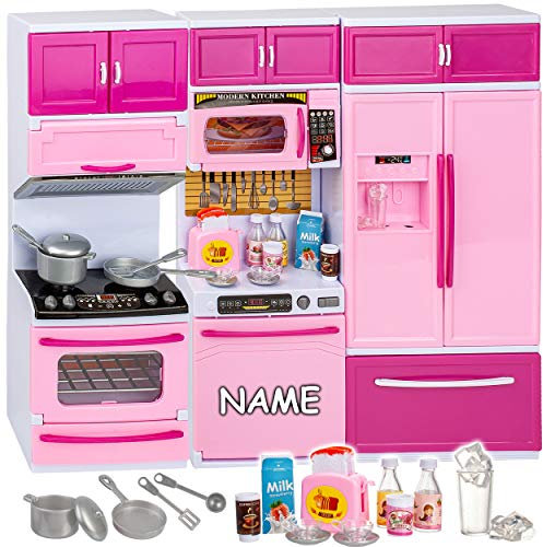 alles-meine.de GmbH Puppenhaus Möbel - Sound & Licht - 31 cm groß - Geschirrspüler + Mikrowelle + großer Kühlschrank/Küchenschrank - inkl. Name - mit Zubehör - Miniatur Puppens..