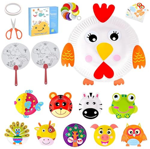 13-Teiliges Papier Platte Bastelset für Kinder, 10 Stück DIY Tiere Basteln Kreatives Teller Bastelsets mit Tiermotiven mit Doppelseitigem Klebeband, Kleine orangefarbene Schere, 2 DIY-Papierfächer