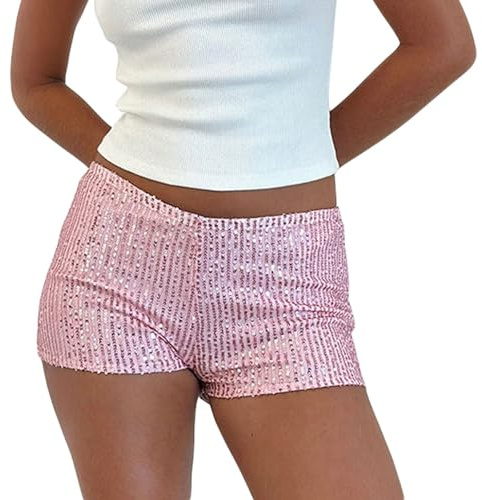 Women Y2K Summer Sexy Sequin Micro Shorts Low Elastic Waistband Solid Sparkly Stretch Hot Pants Party Rave Bottoms Streetwear (Pink, L)