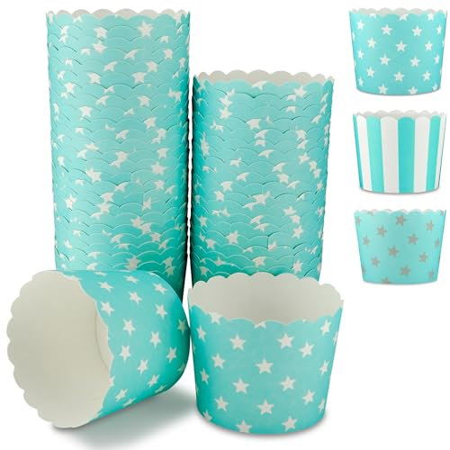 Frau WunderVoll® 50 Muffin Backformen türkis Mint, weiße Sterne, Durchmesser 6,1 cm/Muffins Muffinbackform Muffinform Form Backförmchen Cupcake Formen Förmchen Papier Cupcakeformen