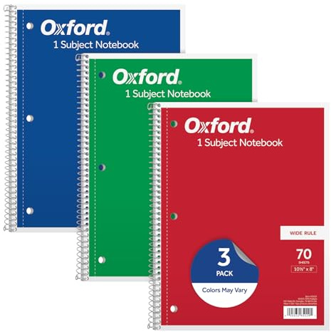 Oxford 1-Subject Notebooks, School Journal, 8 x 10-1/2 Inch, Wide Rule Paper, 70 Sheets, 3-Hole Punch, 3 Pack, Red, Blue, Green, Color Assortment May Vary (65029)