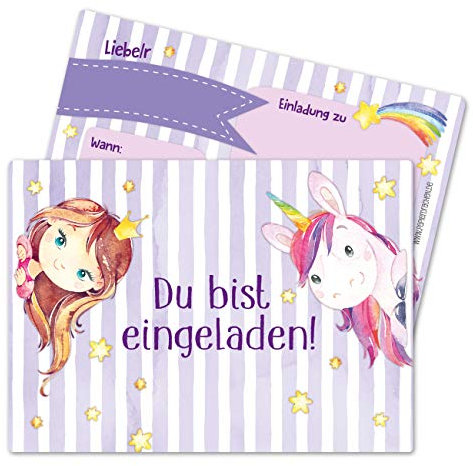 Papierdrachen 12 Einladungskarten zum Kindergeburtstag für Mädchen - Motiv Fee und Einhorn - Geburtstagseinladungen für deine Geburtstagsparty (DIN A6)