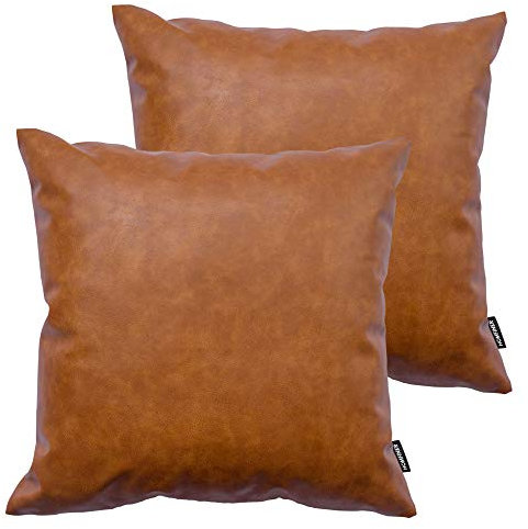 HOMFINER julyso Faux Leather Throw Pillow Covers, 18 x 18 inch Set of 2 Thick Cognac Brown Modern Solid Decorative Square Bedroom Living Room Cushion Cases for Couch Bed Sofa