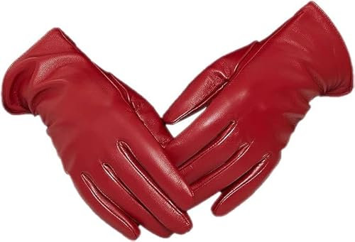 ZLUXURQ Damen Weiche Rot echte Lammfell Leder Leder kaltes Wetter Touchscreen Handschuhe Kaschmir gefüttert