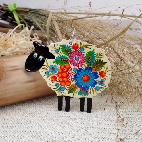 Schöner Osterschmuck Schaf Holz Beidseitig Handbemalt - Schäfchen Osterdekoration zum Aufhängen Ukrainische Traditionelle Malerei