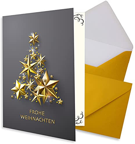 NEUSER PAPIER 25x kleines Weihnachtskarten-Set DIN A7 in Grau mit goldenem Weihnachtsbaum aus Sternen - Faltkarten mit Umschlägen DIN C7 Gold mit Nassklebung - Weihnachtsgrüße für Firmen und Privat
