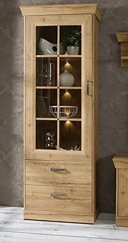 möbelando Vitrine Standschrank Vitrinenschrank Standvitrine Beistellschrank Kalamaria II Waterford Eiche