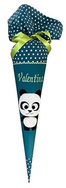 Glückspilz Schultüte mit Namen personalisiert, Panda, Zuckertüte aus Stoff genäht, mit Kissen, Petrol