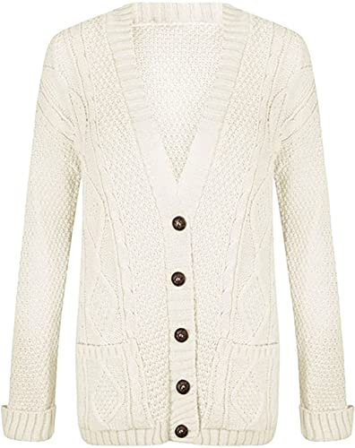 Purple Hanger New Women’s Ladies Long Sleeve Button, Front Pocket Chunky Aran Cable Knit Grandad Cardigan, Sweater Plus Size 8-26 (UK, Numeric, 12, 14, Regular, Regular, Cream)